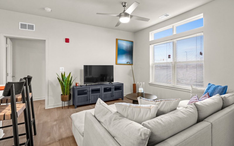 a living room with a white couch ample natural light